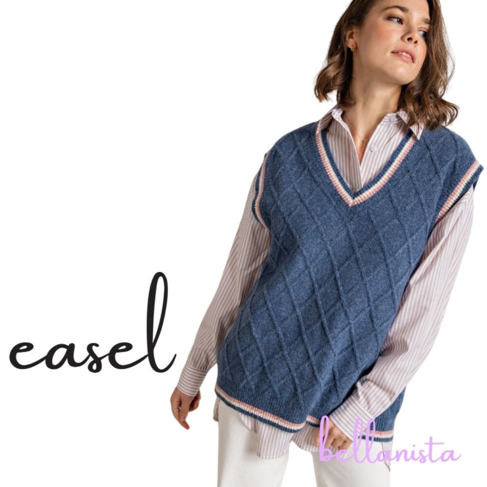 21366 EASEL Blue Brushed Varsity Diamond Sweater Vest